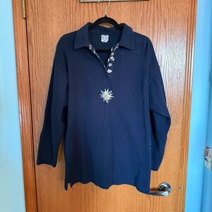 Navy Pullover Polo with Floral Embroidery